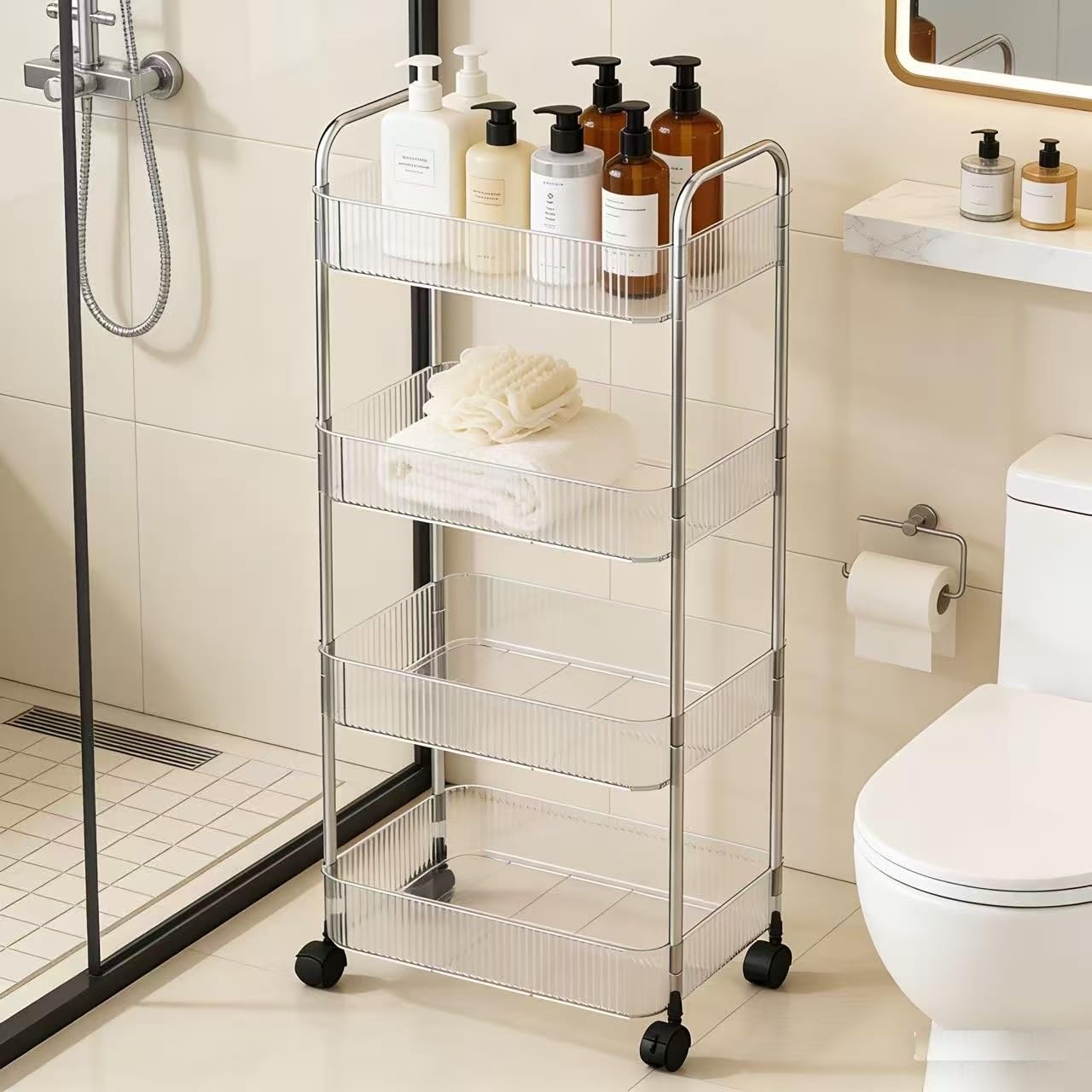 Multibao 2/3/4 Tier Storage Trolley on Wheels - Acrylic Shelf Bathroom Spa System - Salon Beauty Cart (4 Tier 40 * 28.5 * 90cm)