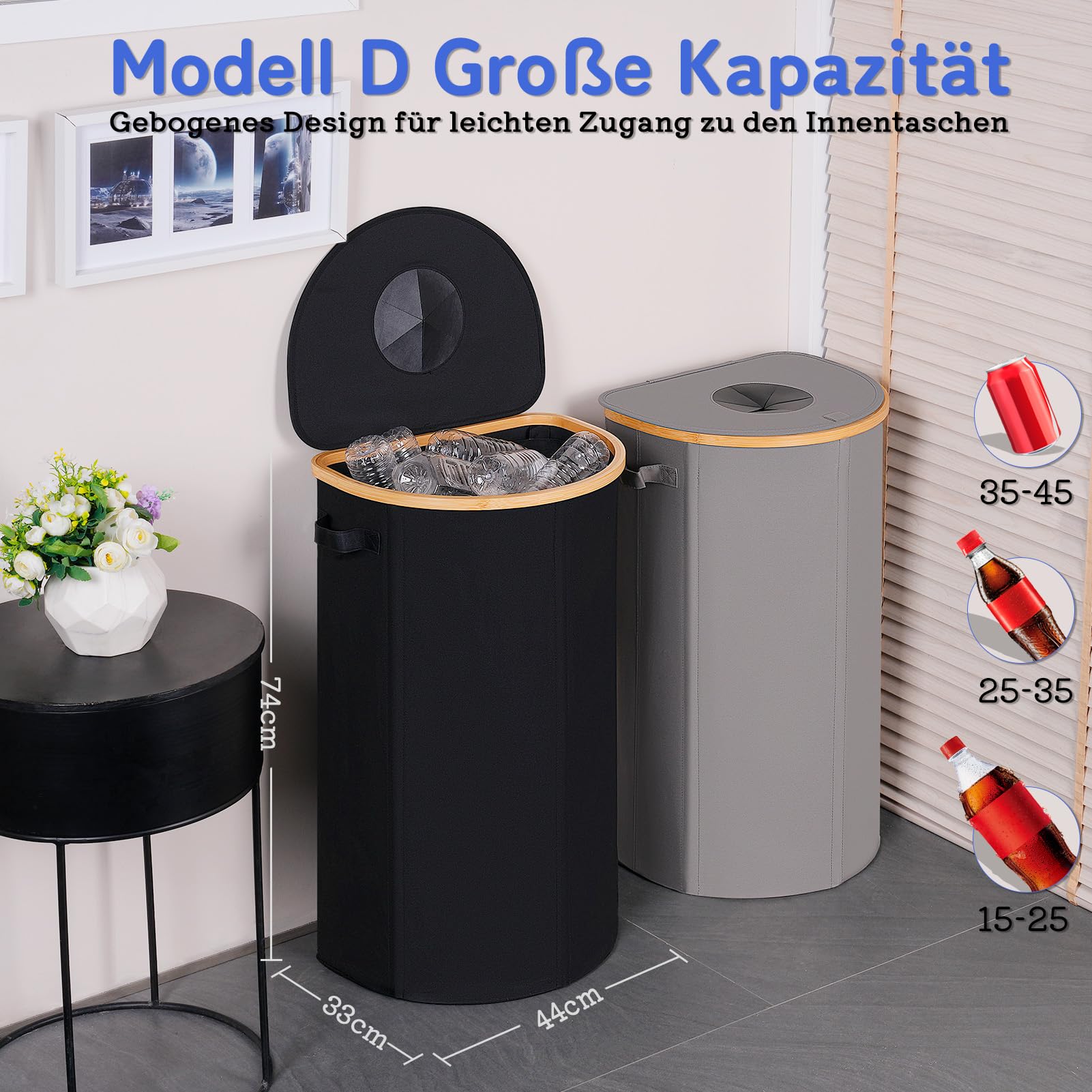 efluky Deposit Bottles Collection Container with Lid, Large Deposit Bottles Storage with Two Carry Bags, Black Container Empty & Waste Glass Storage