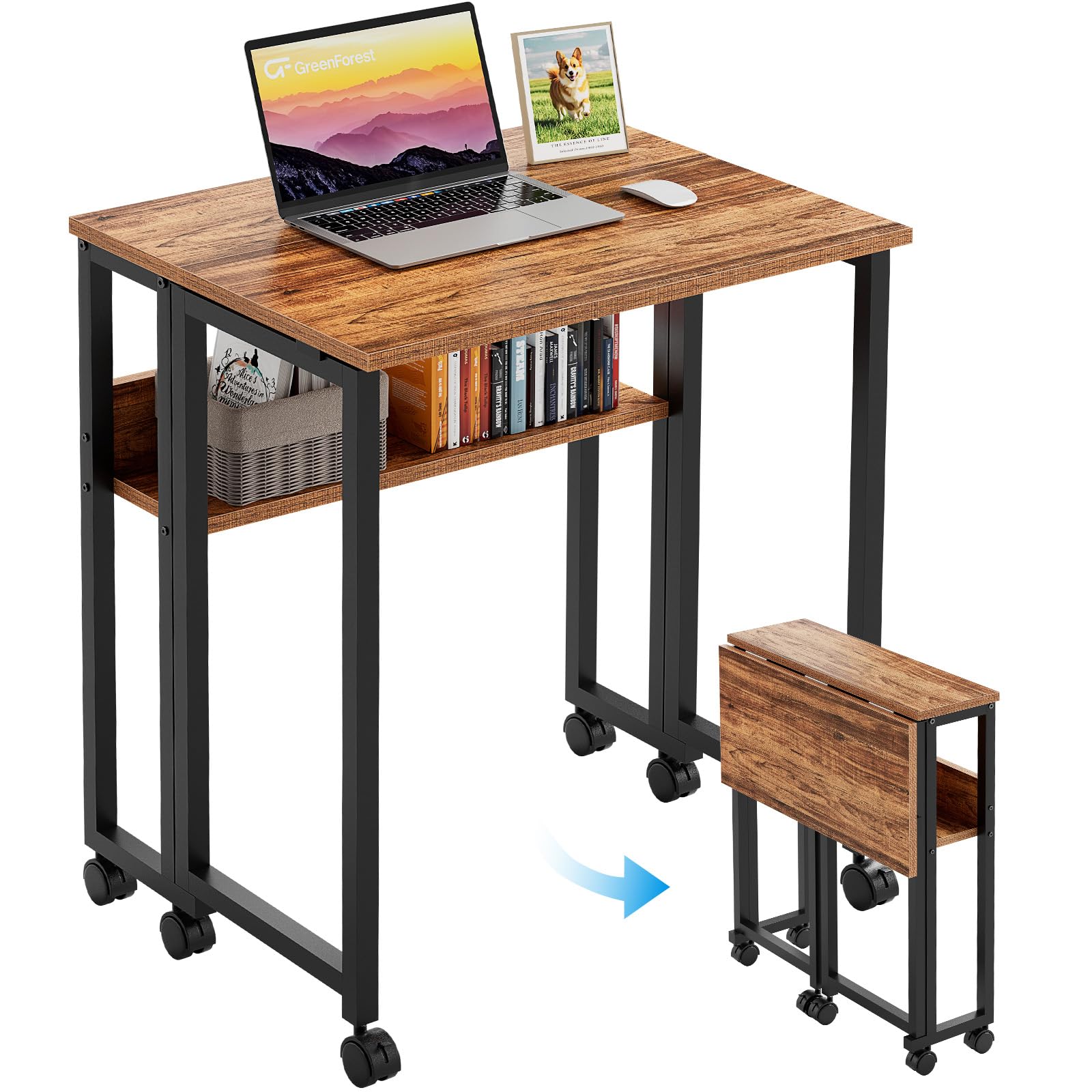 GreenForest Folding Desk 63 cm with Storage Shelf and Wheels, Brown