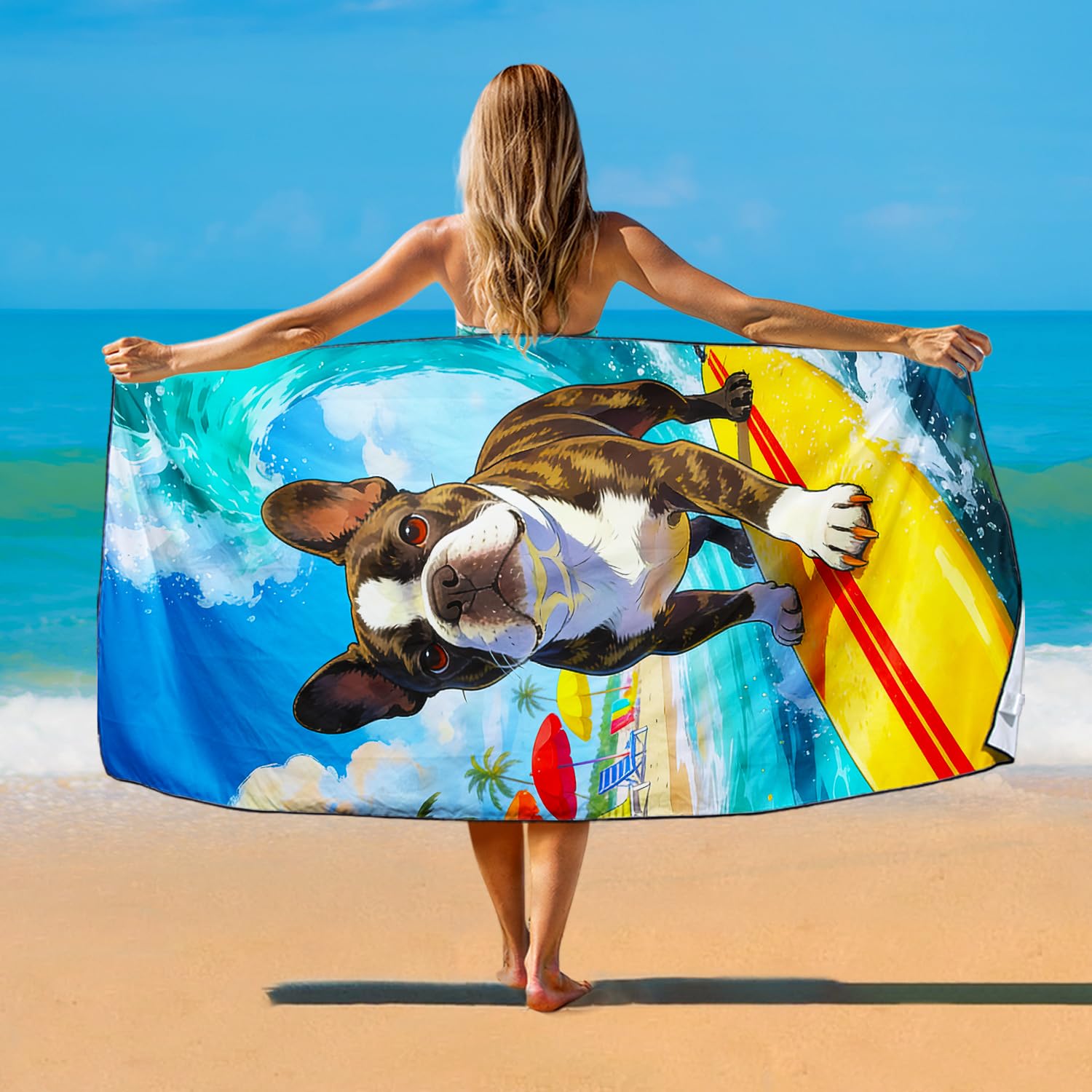 Violetpos Surfing French Bulldog Beach Towel, Extra Large 180x90 cm 250GSM Microfibre, Sand Free Quick Dry