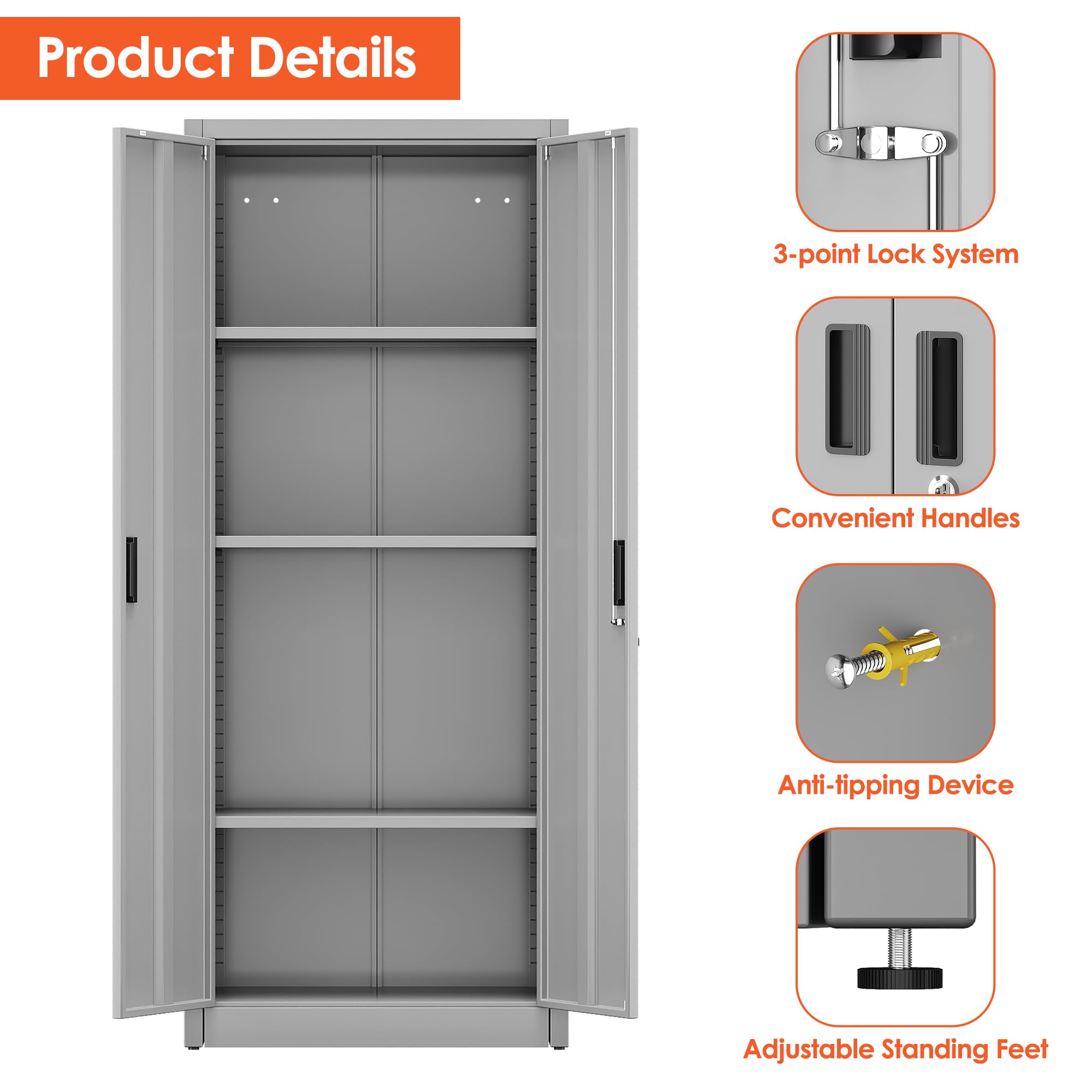 FlairVibe Metal Storage Cupboard with 2 Door and 3 Adjustable Shelves,Grey