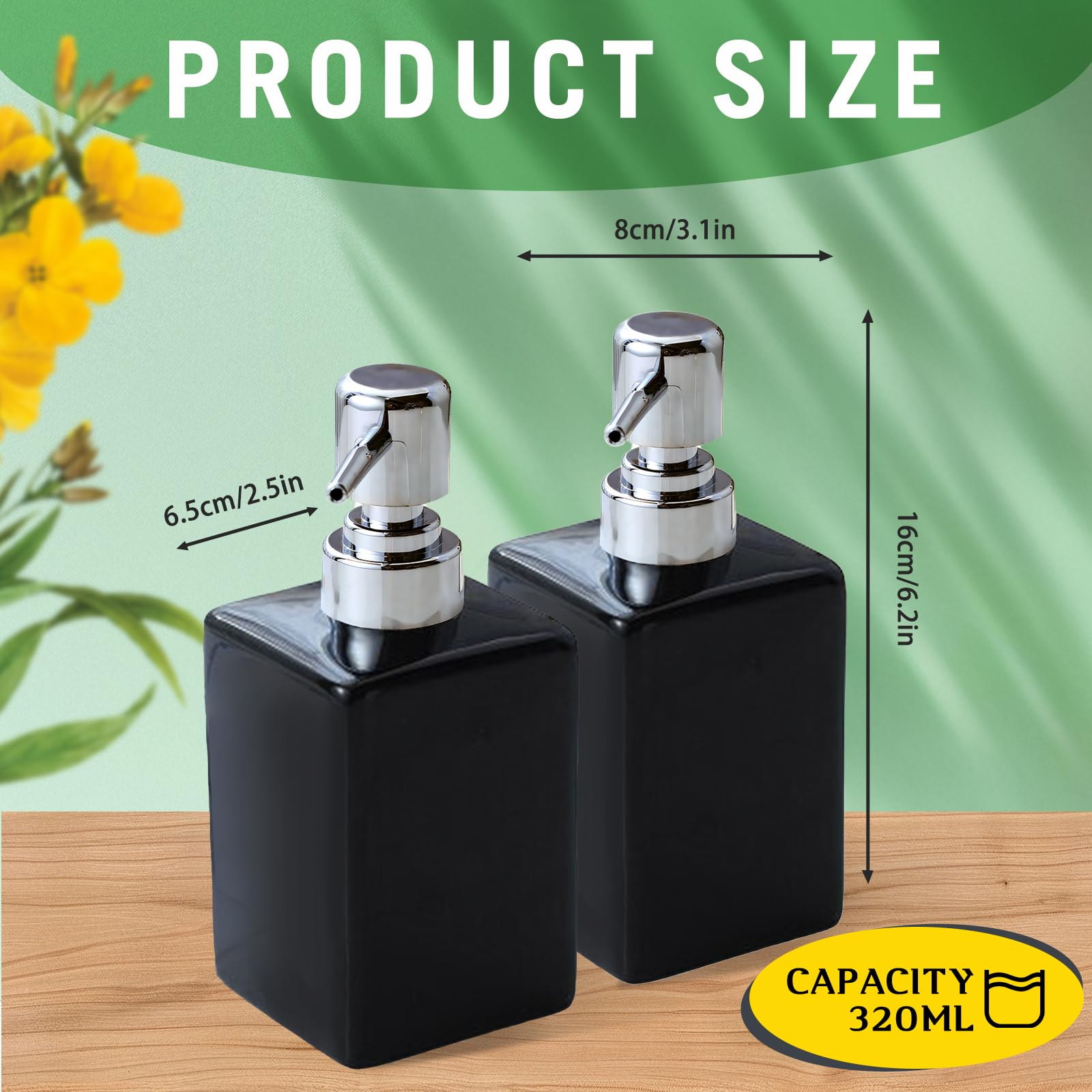 Qudubuy Refillable Square Ceramic Soap Dispenser with Long Spout Lotion Pump Bottle, 2Pcs 320ml Hand Wash Dispenser for Kitchen, Bathroom, Office