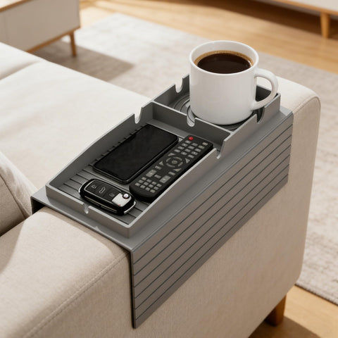 ANTREATU Silicone Sofa Arm Tray, Flexible Couch Arm Table with Cup Holder, Anti-Slip Couch Caddy for Drinks, Snacks, Phone, Remote Control - Grey