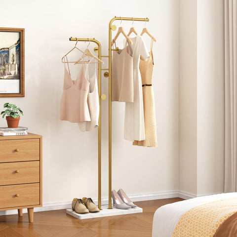 HOME BI Metal Coat Rack, Modern Coat Tree with 5 Hooks, Double-pole Clothes Hanger Stand, Freestanding Coat Rack for Entryway, Closet, Bedroom, Gold