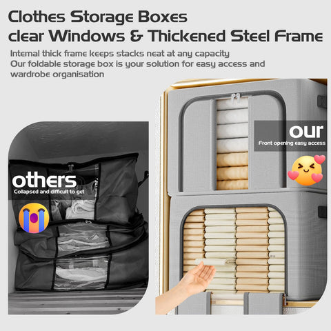 BOUDOI Clothes Storage Boxs With Lid，Large Storage Box With Double opening Zips Clear Windows，Foldable Oxford Cloth Steel Frame