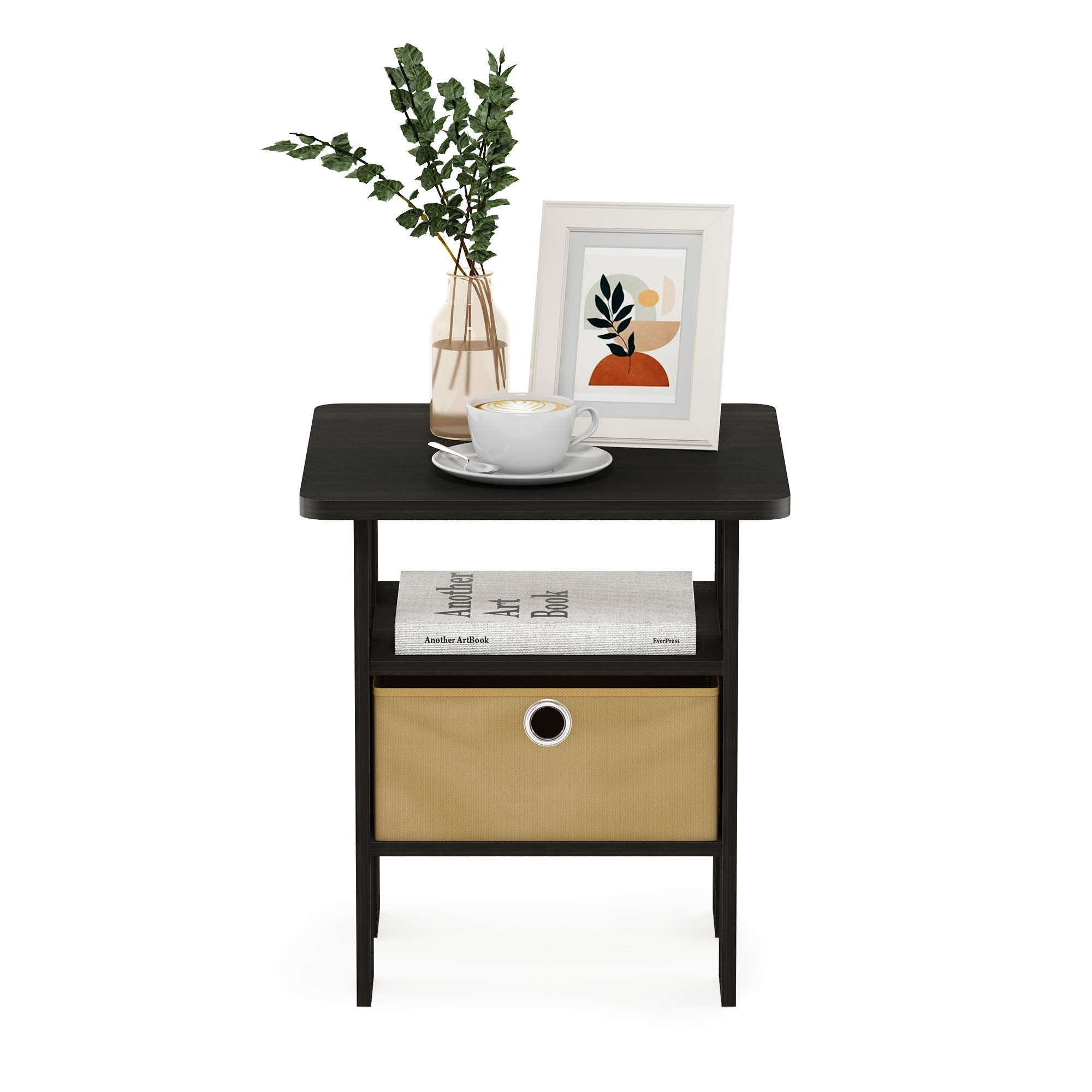 Furinno ANDREY Side Table, End Table, Night Stand with Open Shelves and Storage Bin, Bedside Table, for Living Room, Bedroom, Dark Espresso