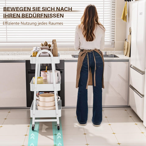 StowBin 3 Tier Metal Rolling Cart Kitchen Storage Cart with Wheels Serving Cart for Living Room Bathroom Office Bedroom White