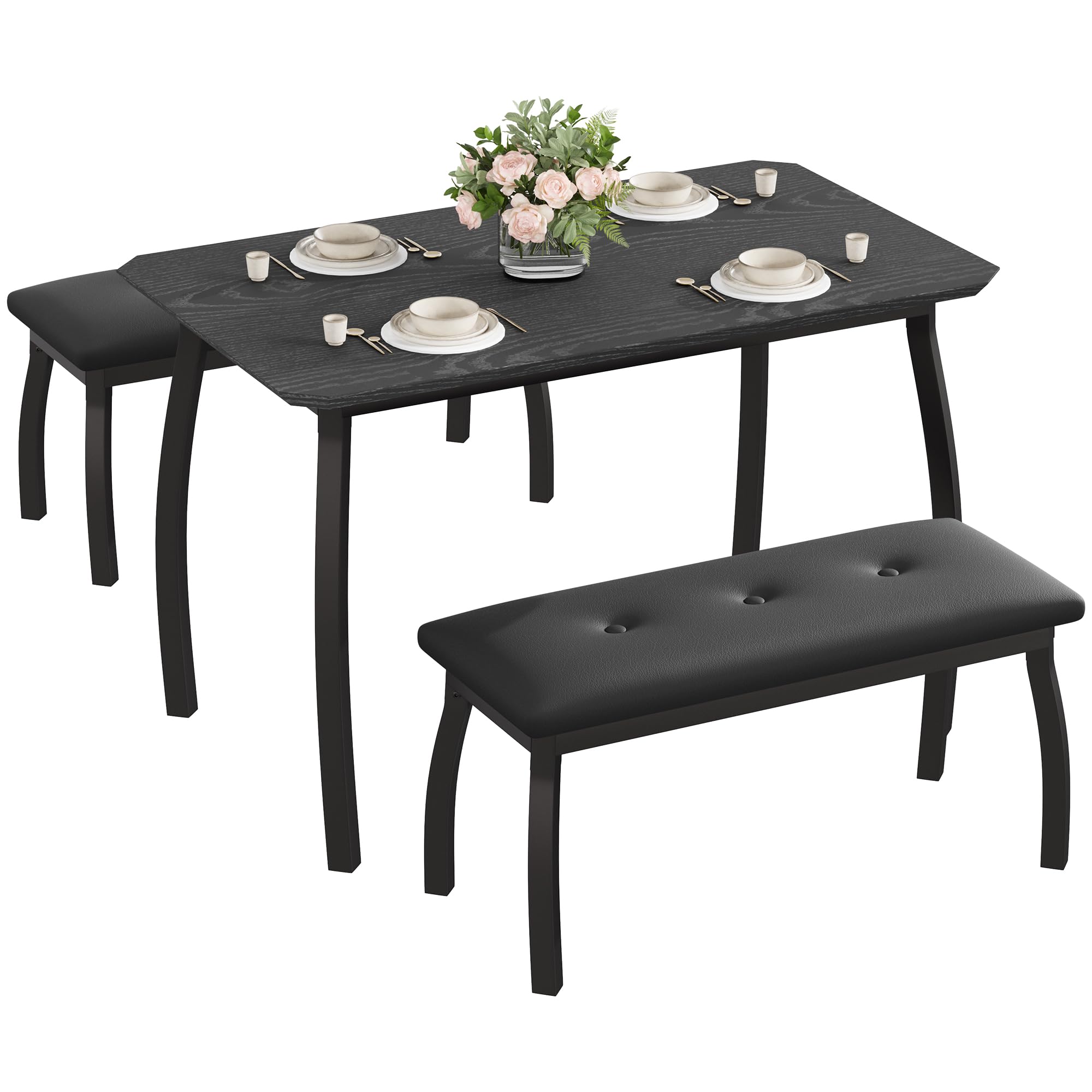 Crevyteg Space Saving Dining Table Set for 4, Modern Kitchen Table and Bench Set with Slide Under Benches for Small Apartments and Breakfast Nooks