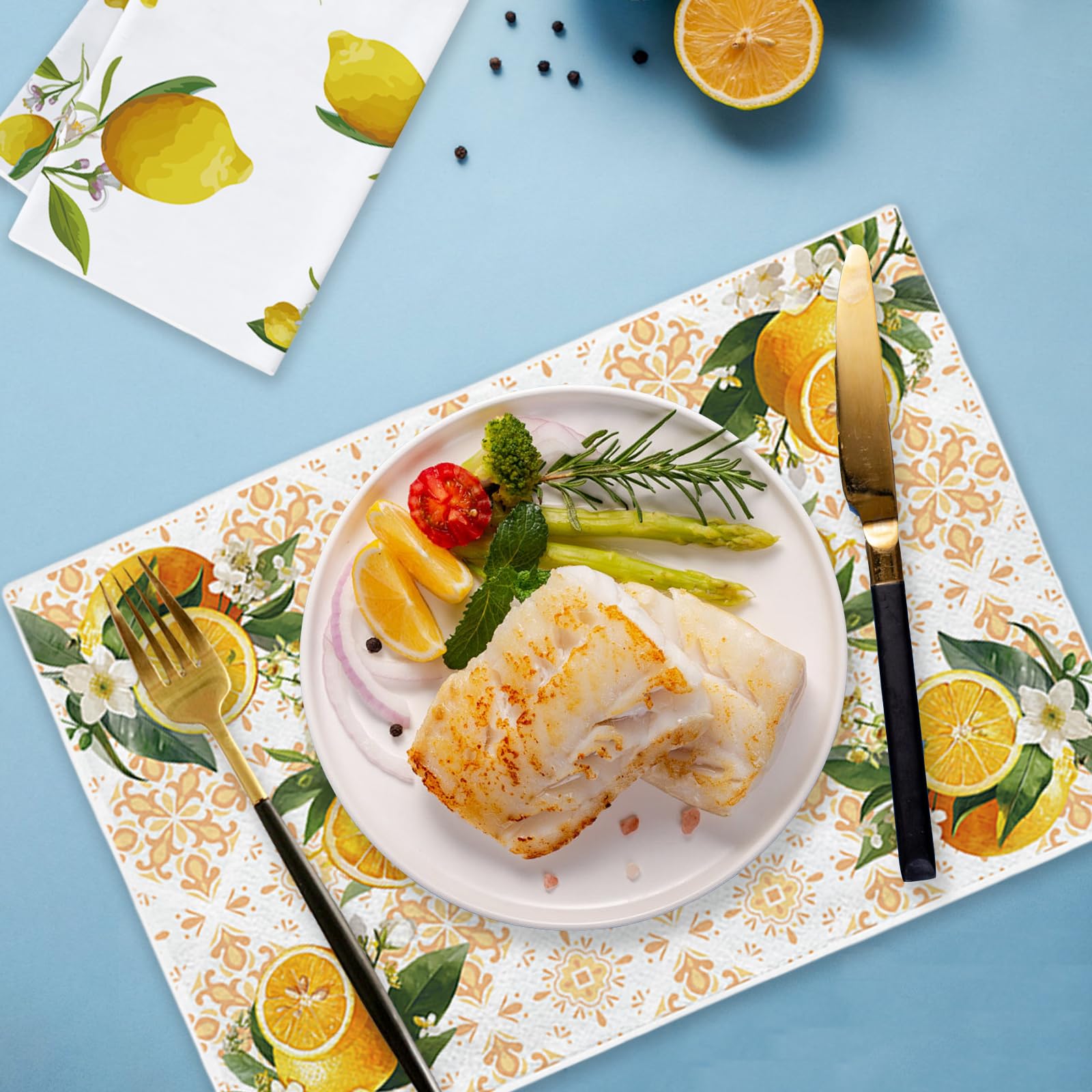Vspek Lemon Kitchen Towels, Microfiber Tea Towel, Soft Absorbent Quick Dry Reusable Dish Towel Set of 4, Hand Towels for Kitchen Drying