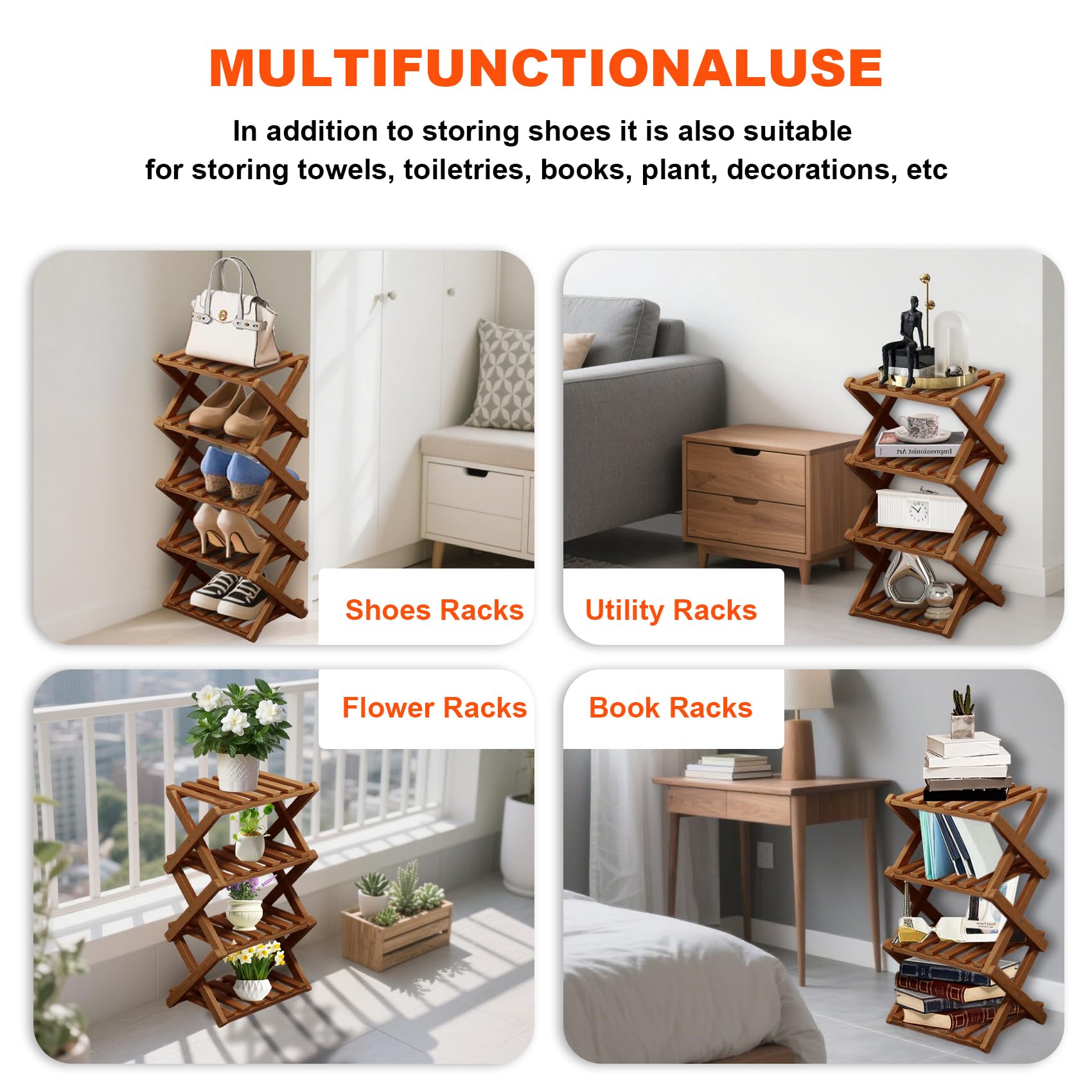 XUDREZ Wooden Folding Shoe Rack, Space Saving Bamboo Storage Organiser, Without Installation Narrow Shoe Stand for Small Spaces and Corners