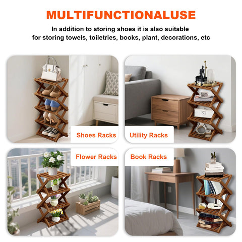 XUDREZ Wooden Folding Shoe Rack, Space Saving Bamboo Storage Organiser, Without Installation Narrow Shoe Stand for Small Spaces and Corners
