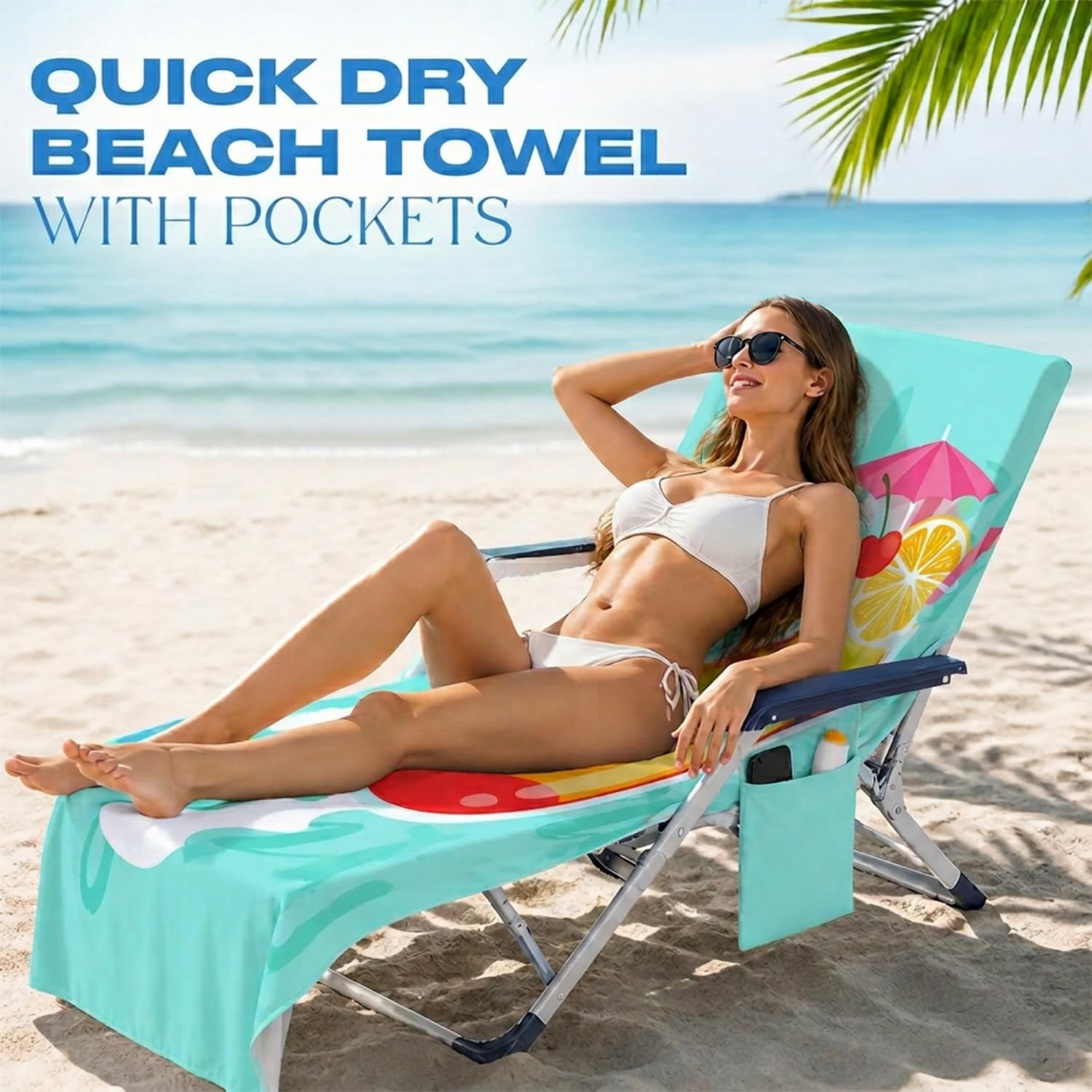 Surwin Sun Lounger Towel with Pockets, 3D Juice Print Quick Dry Beach Towel, Microfiber Sunbed Towels Travel Lounger Bag for Loungers Summer Holiday