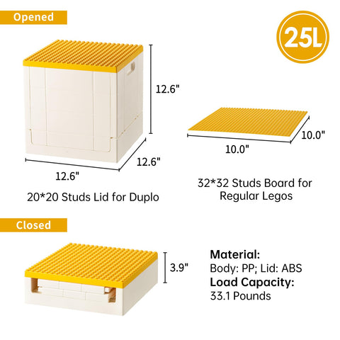 SHIMOYAMA Collapsible Storage Box with Baseplate Lid for Duplo, 25L Stackable Bin with Separate Building Board for Lego