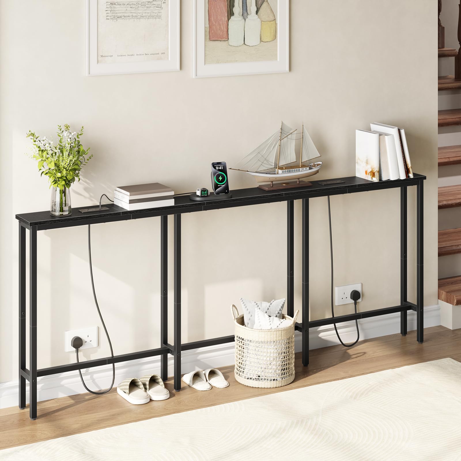 HOOBRO 200 cm Slim Console Table with 2 Charging Stations, Narrow Behind Sofa Table, Long Hallway Table with Adjustable Feet, for Hallway