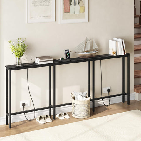 HOOBRO 200 cm Slim Console Table with 2 Charging Stations, Narrow Behind Sofa Table, Long Hallway Table with Adjustable Feet, for Hallway