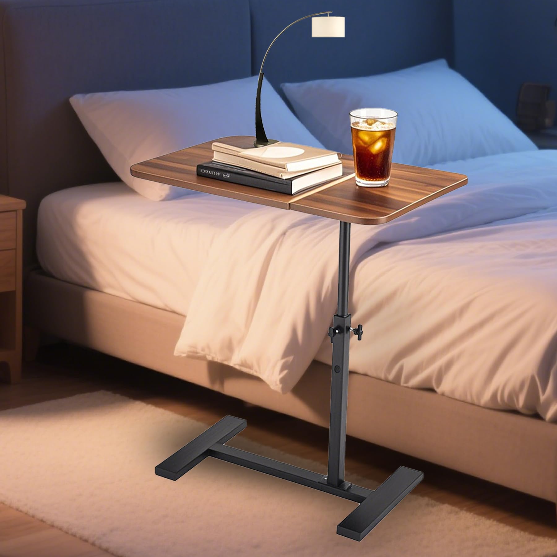 Kiss Me C Shaped Side Table Height Adjustable 360° Swivel TV Tray Walnut