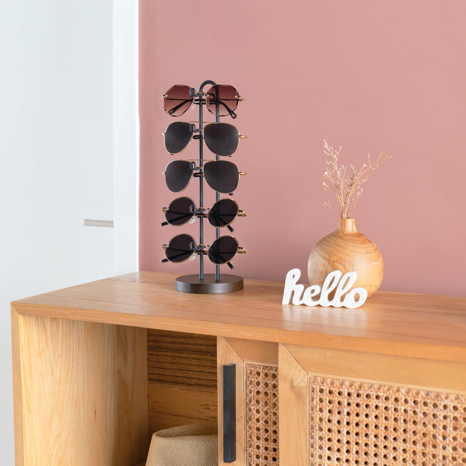 Mkono Sunglasses Organizer Glasses Holder Stand Sunglass Storage Eyeglasses Rack Metal Frame with Wood Base for 5 Pairs of Eyewear Display for Table