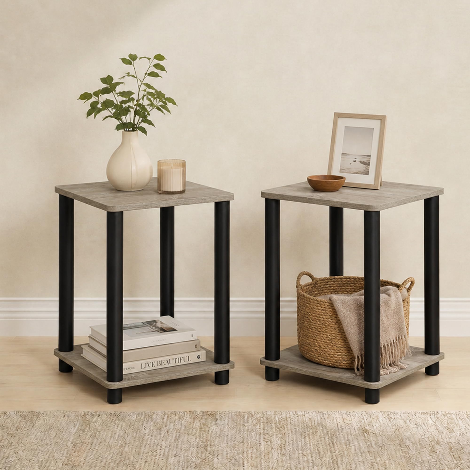 Furinno Turn-N-Tube Toolless Assembly Side Table Set of 2, Stackable 2-Tier Grey End Table with Open Shelf, Night Stand, Bedside Table
