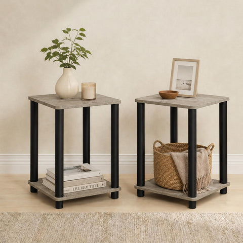 Furinno Turn-N-Tube Toolless Assembly Side Table Set of 2, Stackable 2-Tier Grey End Table with Open Shelf, Night Stand, Bedside Table