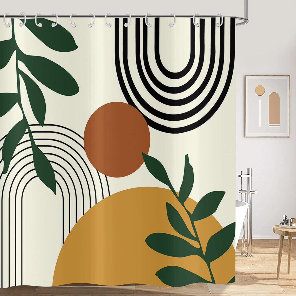 Hnmdmyi Boho Shower Curtain 165x180, Mid Century Abstract Arch Sun Green Leaf Beige Bathroom Curtains Modern Minimalist Aesthetic Art Waterproof