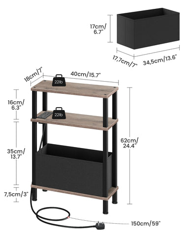 CHOEZON Slim Side Table with Charging Station, 3-Tier Narrow Side Table with Drawer, Skinny Bedside Table, End Table for Small Spaces, for Bedroom