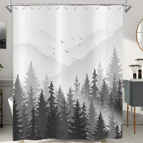Hnmdmyi Black and White Shower Curtain 180x200, Misty Forest Mountain Ombre Grey Foggy Nature Tree Woodland Landscape Bathroom Curtains Waterproof