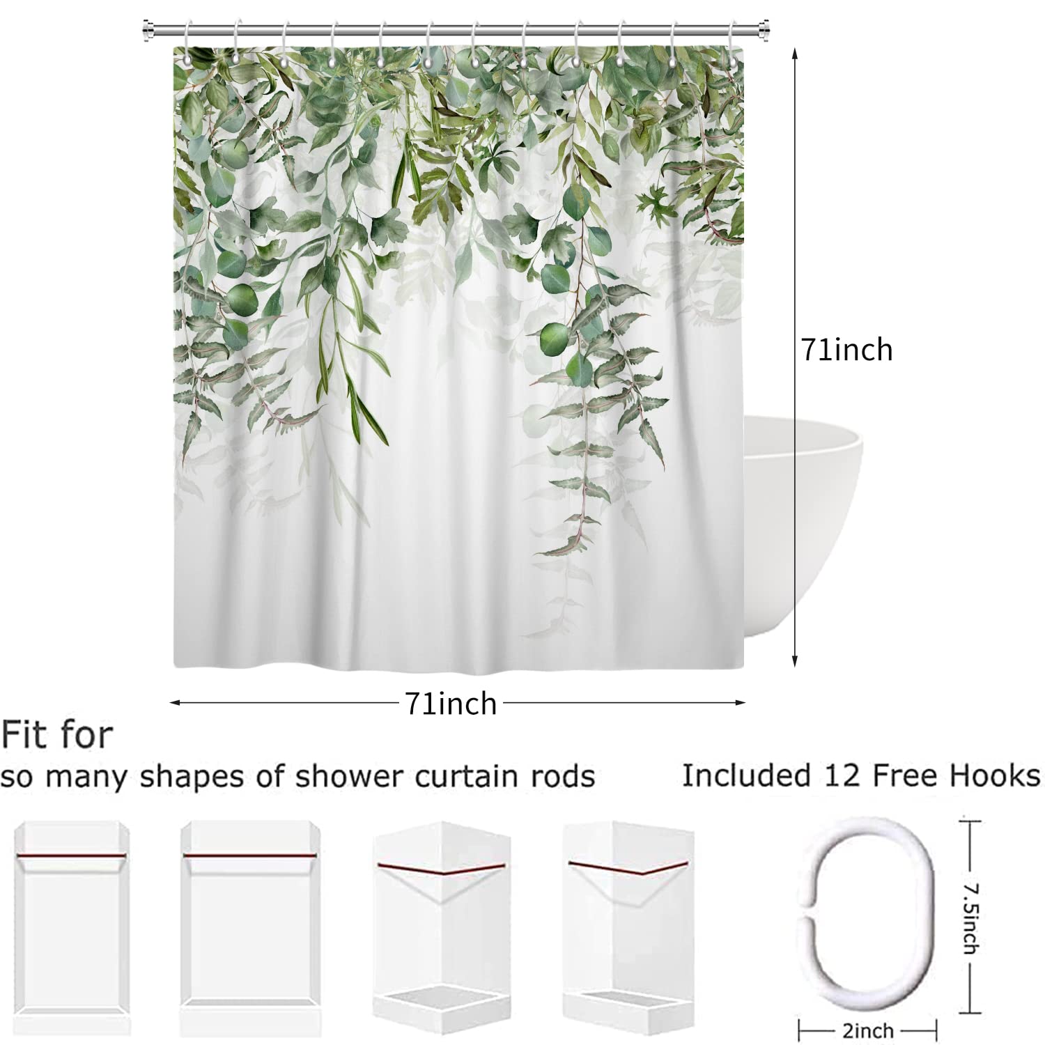 Hnmdmyi Green Leaf Shower Curtain 180x180, Eucalyptus Leaves Shower Curtains Watercolor Plant Botanical Nature Bathroom Curtains with Hooks