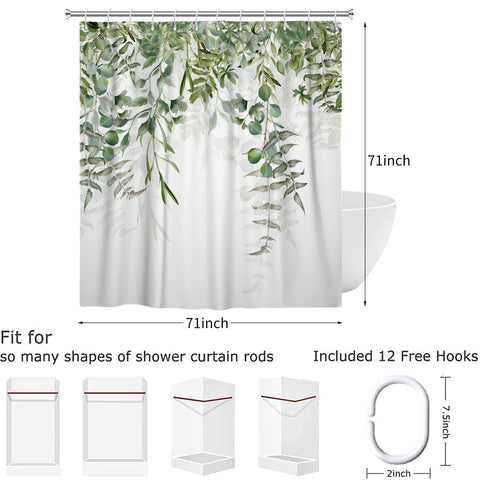 Hnmdmyi Green Leaf Shower Curtain 180x180, Eucalyptus Leaves Shower Curtains Watercolor Plant Botanical Nature Bathroom Curtains with Hooks