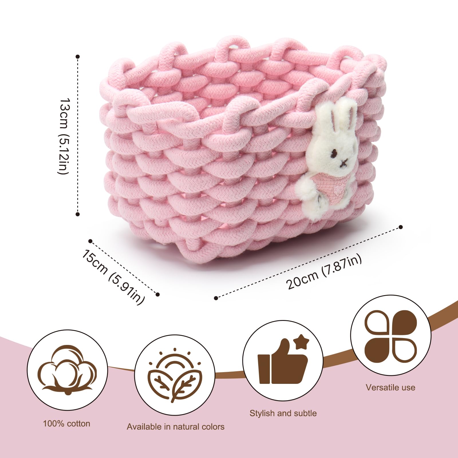 Woven Cotton Wicker Storage Basket with Bear Motif, White - Bathroom Organizer for Desk, Makeup Table, Cabinets, Bath, Kitchen (Pink - Rabbit)