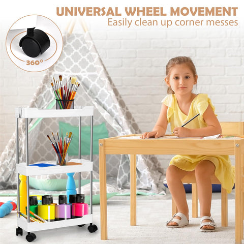 3 Tier Slim Storage Trolley Slide Out Rolling Utility Shelf Rack Storage Cart on Wheels Mobile Shelving Space Organizer with Hook for Small Narrow