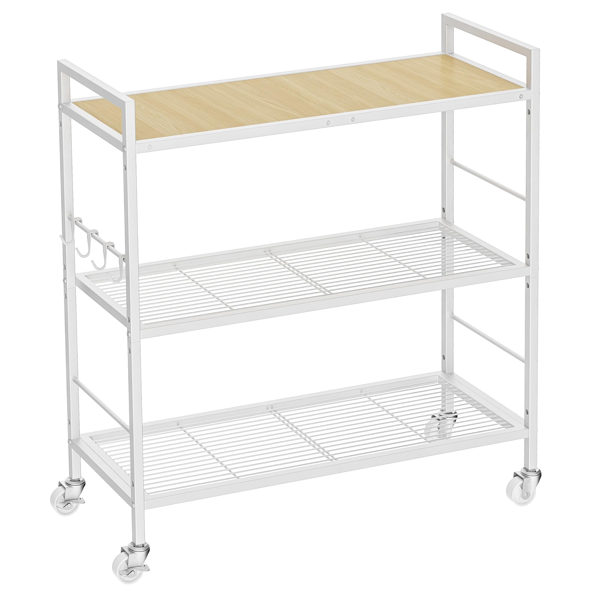 3-Tier kitchen trolley,Oak Wood Top,80W×30Dcm,4 Hooks, Adjustable Shelves