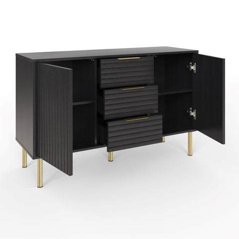 GFW Nervata Sideboard, Black Storage Cabinet with 3 Drawers and 2 Doors, Art Deco Style Sideboard with Gold Accents and Wood Grain Texture for Living