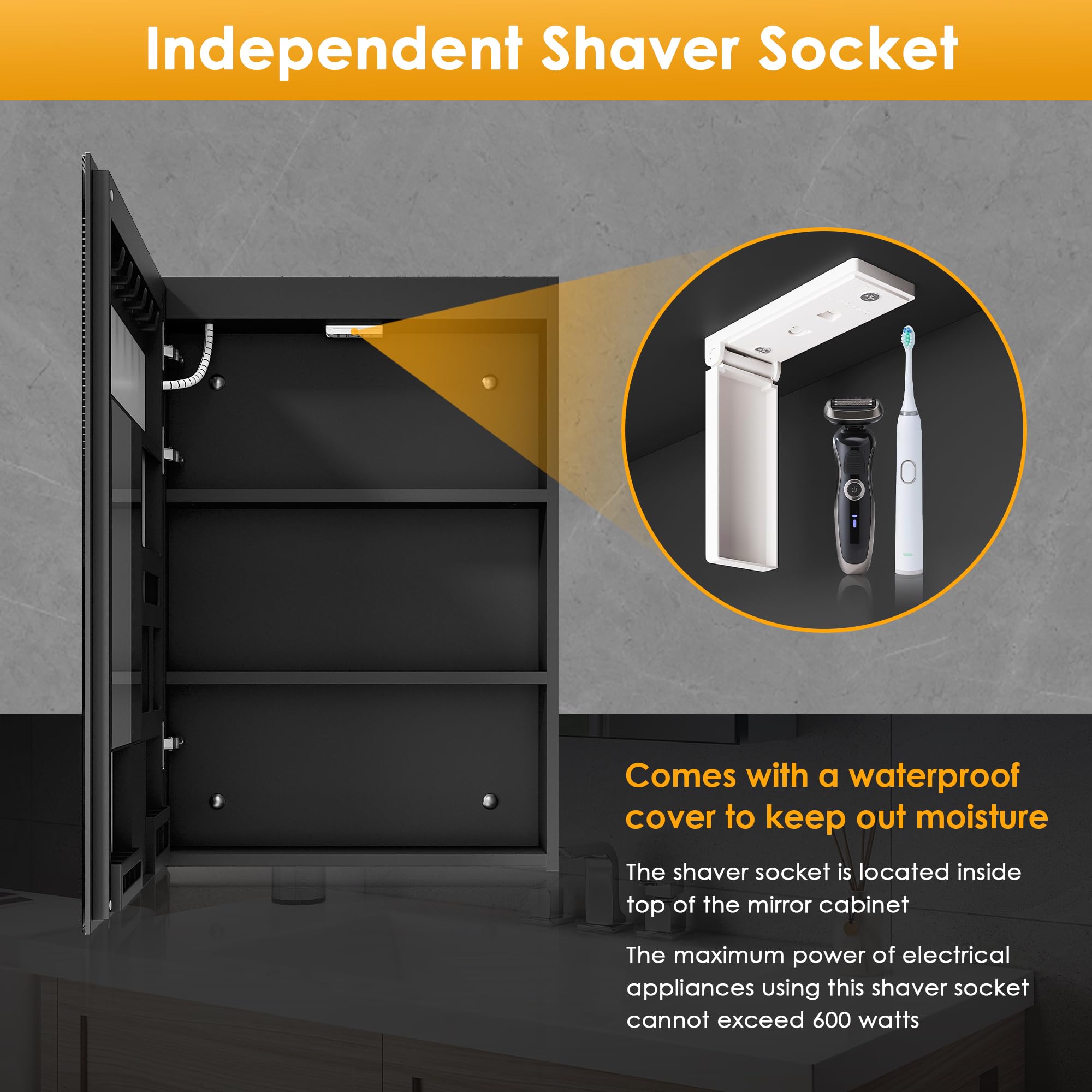 ELEGANT LED Bathroom Mirror Cabinet with Shaver Socket, Black, 485x700mm