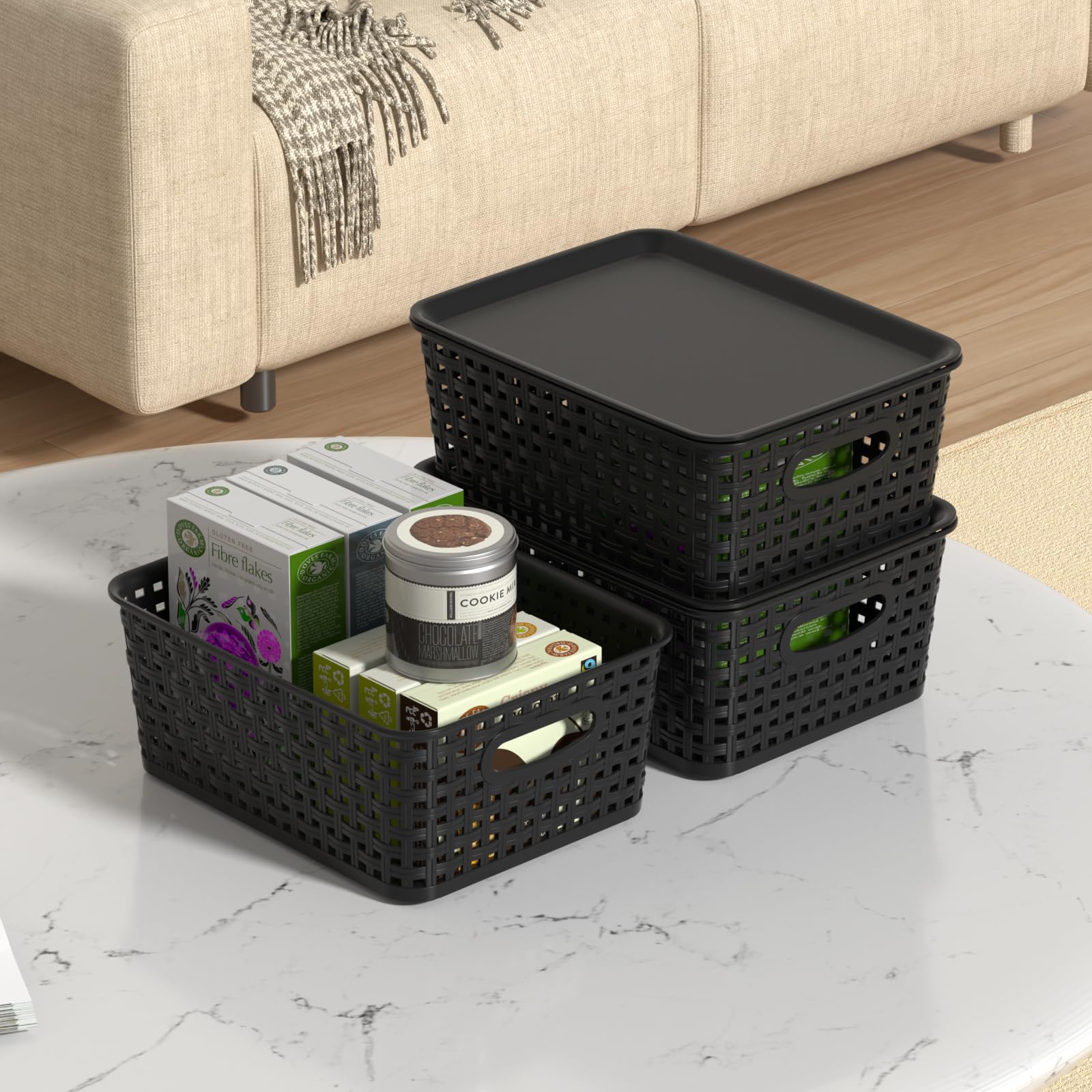 Wakikini Woven Plastic Storage Baskets with Lids, Small Weave Bins, Black
