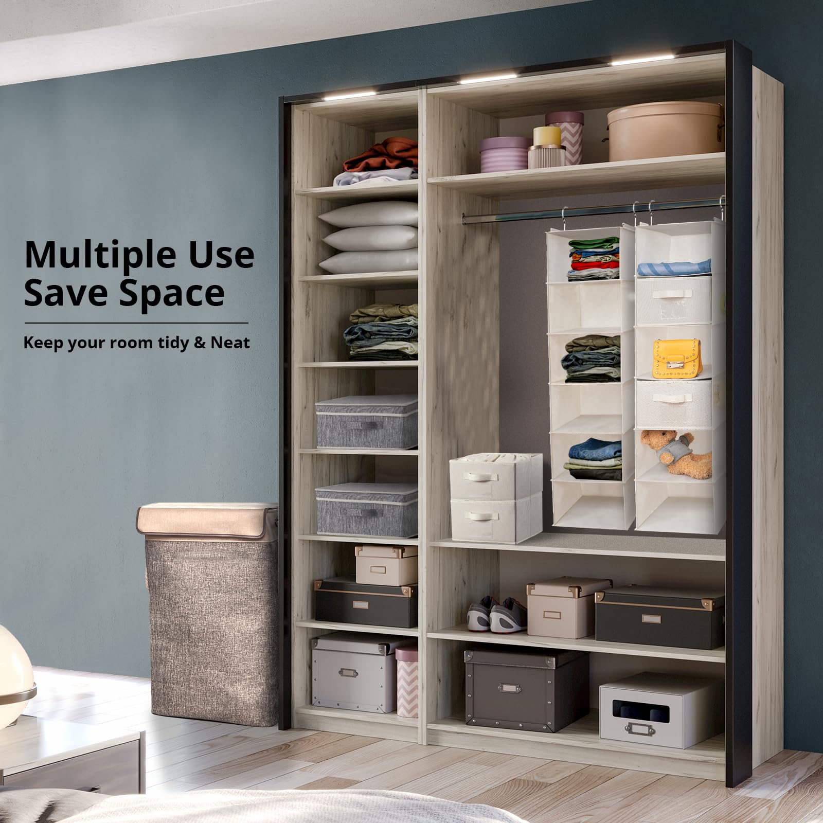 BrilliantJo Hanging Wardrobe Organiser 6 Shelves with 2 Removable Drawers Closet Storage, hanging Shelves Unit with 4 Pockets for Clothes