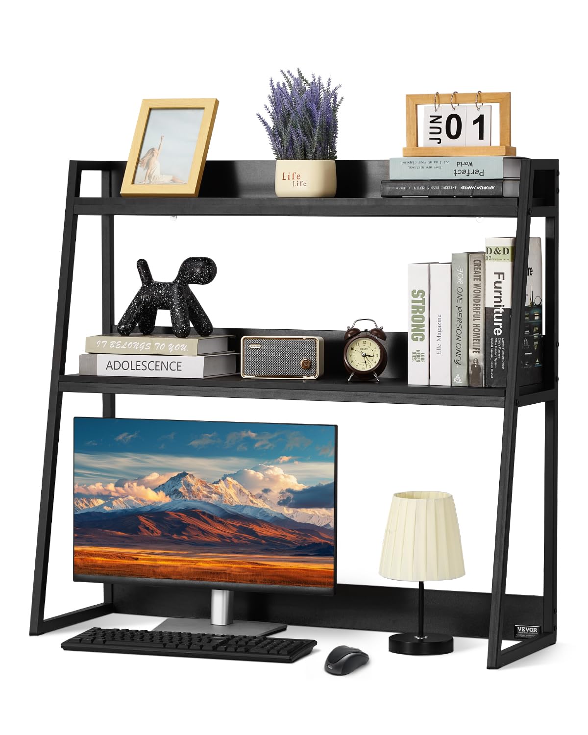 VEVOR Desktop Bookshelf, 2-Tier Desktop Storage Organizer, 37.4" x 12.6" x 35.4" Office Desk Storage Rack Display Shelf