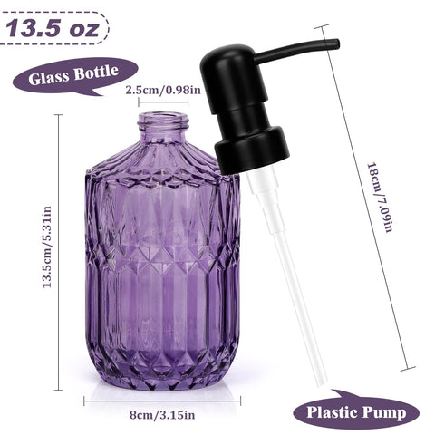 2 Pcs Glass Soap Dispenser with Pump,13.5 Oz/400 ml Washing up Liquid Dispenser, BPA Free Refillable Non-slip Pump Bottle for Shampoo,Shower Gel in