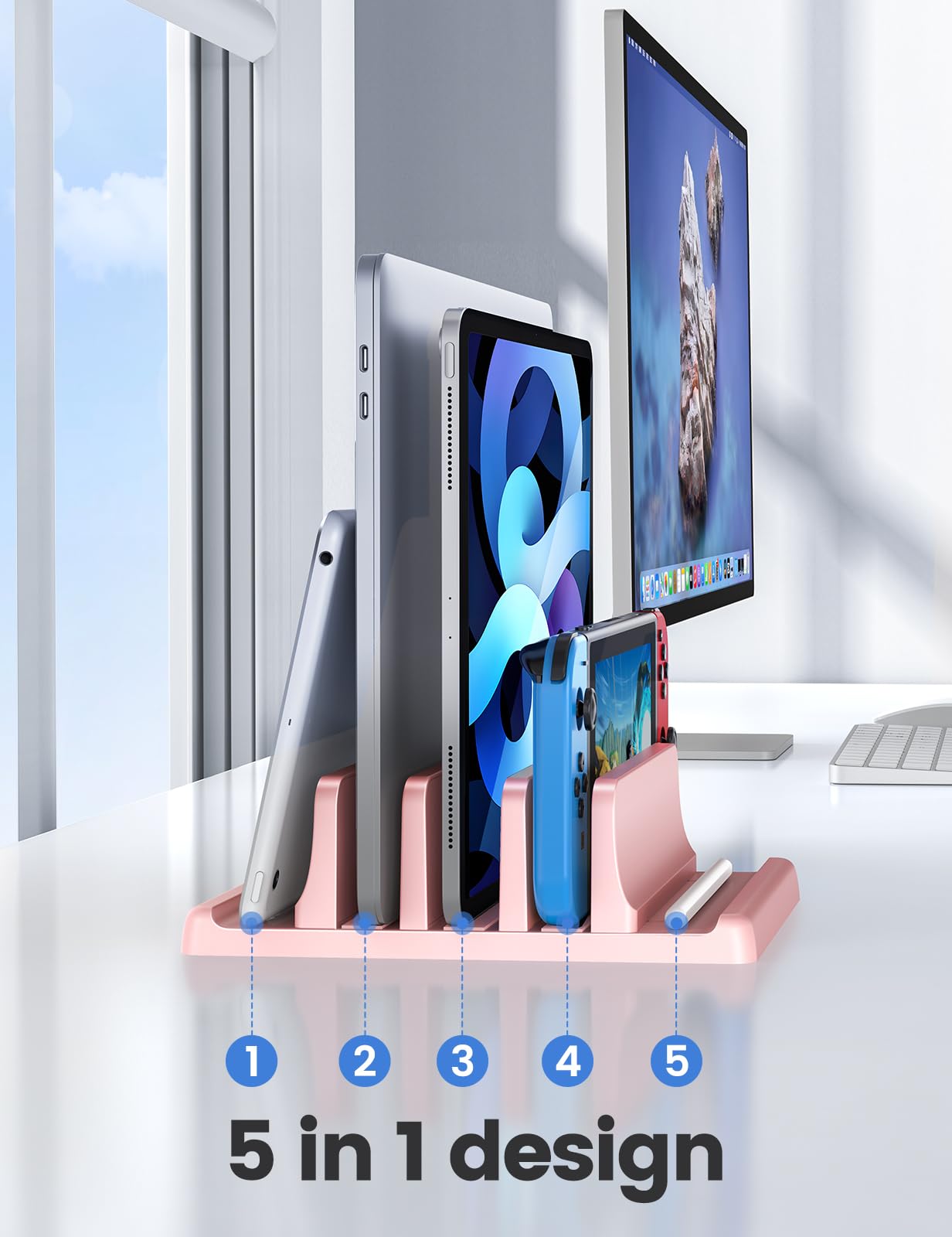 VAYDEER Vertical Laptop Stand - Space Saving & Adjustable 5-in-1 3 Slots for MacBook, Notebook, iPad & Laptops up to 17.3 Inches - Pink