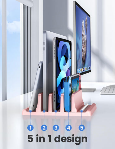 VAYDEER Vertical Laptop Stand - Space Saving & Adjustable 5-in-1 3 Slots for MacBook, Notebook, iPad & Laptops up to 17.3 Inches - Pink