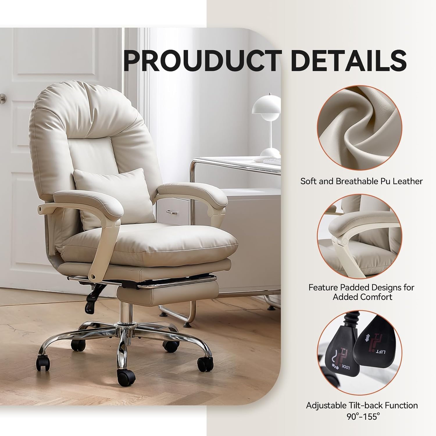 EMIAH Ergonomic Office Chair with Footrest, PU Leather, Beige