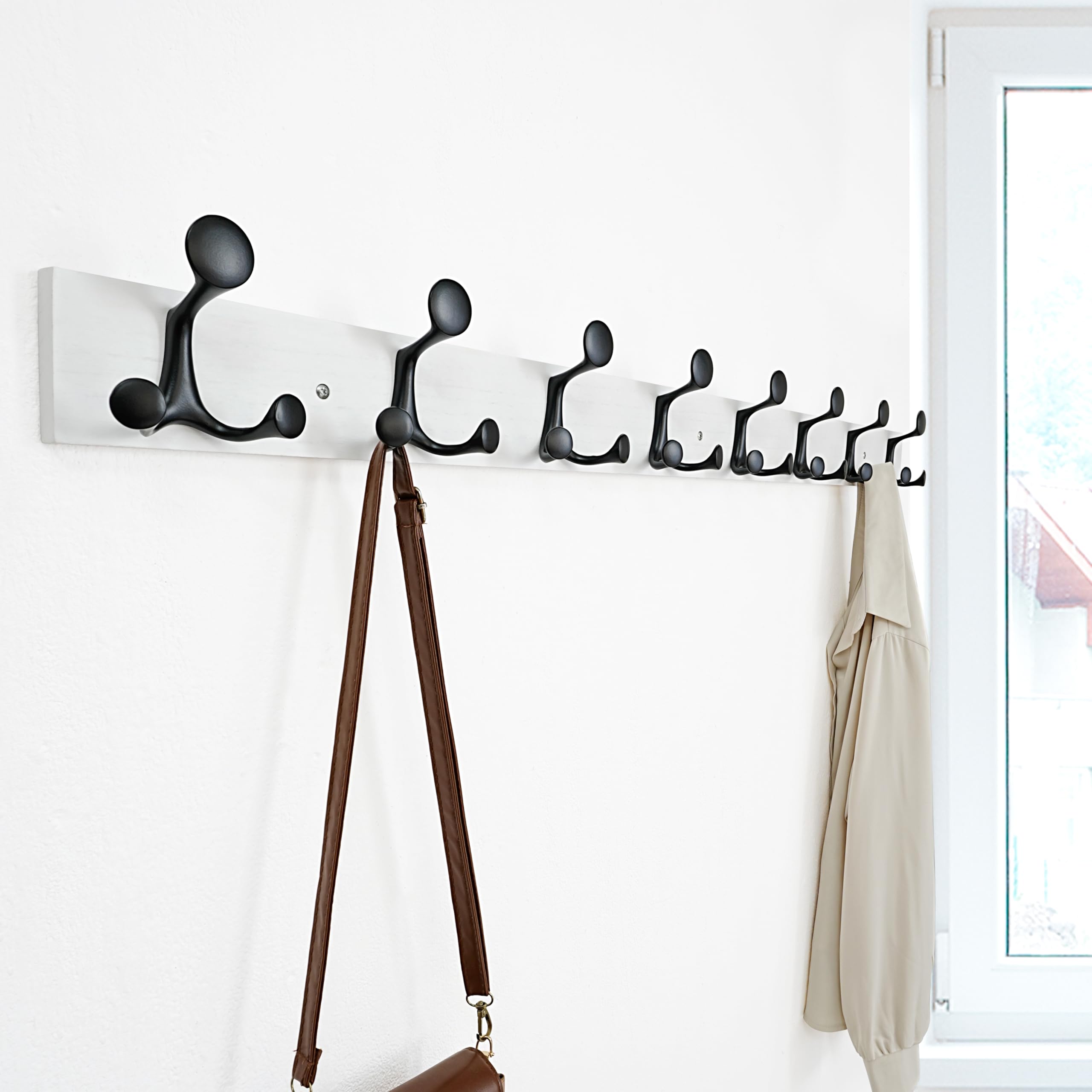 SKOLOO 109 cm White Wood Coat Rack Wall Mount with 8 Triple Hooks - Ideal for Family Entrances, Classrooms, and Pet Supplies Storage