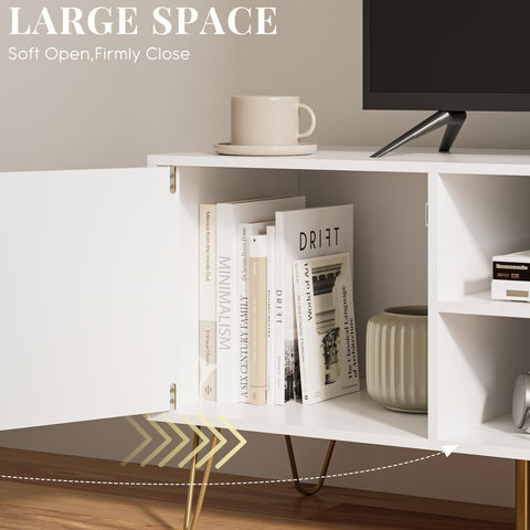 HEYZOEY White Fluted TV Stand, 2 Cabinets, Gold Legs, for TVs up to 65 in