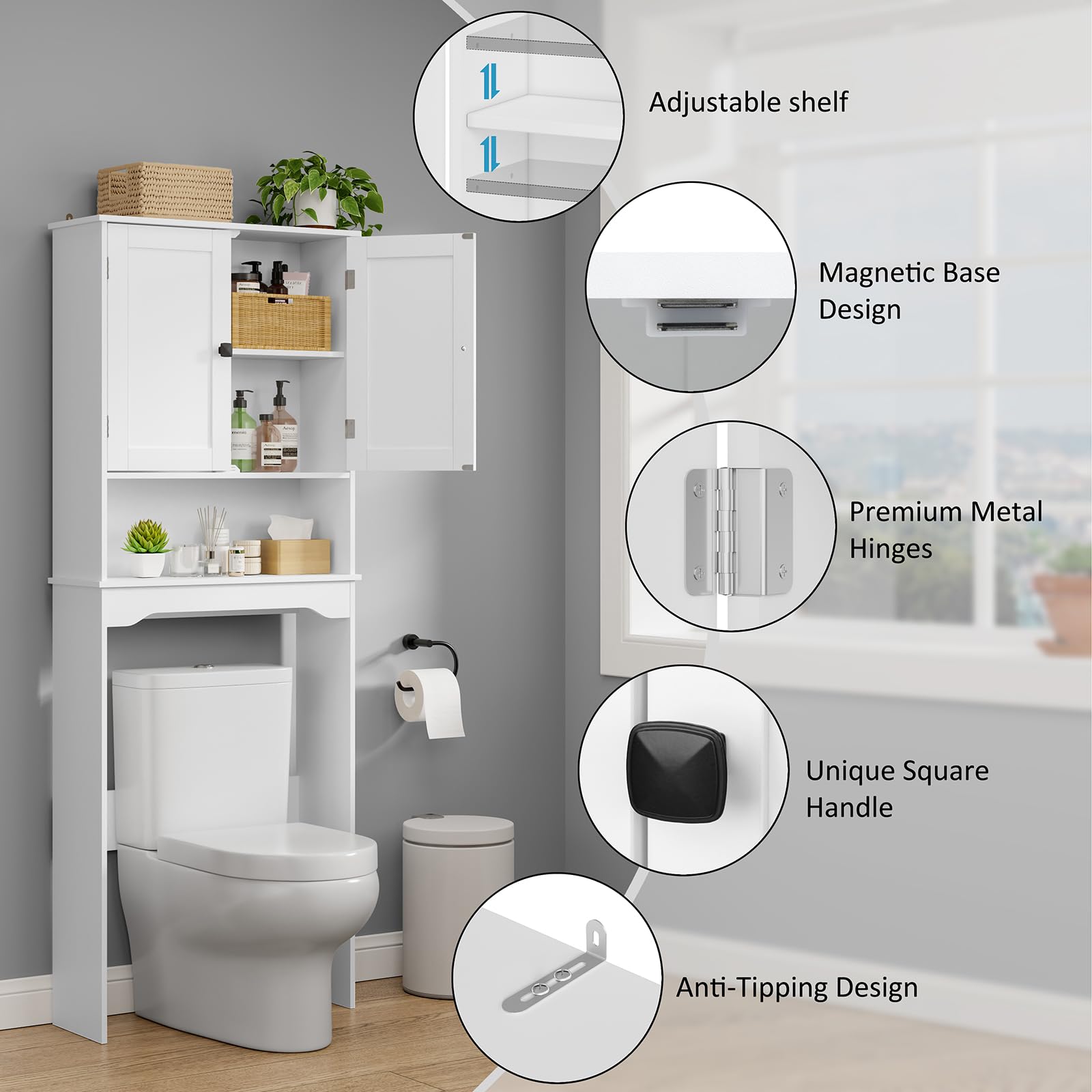 RRX Over The Toilet Storage Cabinet, Bathroom Above Organizer (Pure white)