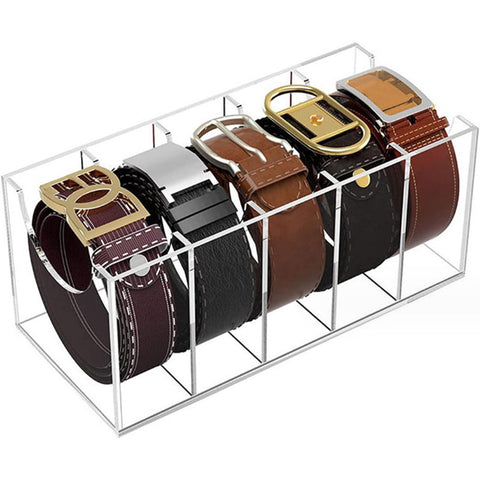Bpyhebe Acrylic Belt Storage Organizer, 5 Compartments Belt Tidy Box for Drawers and Wardrobe, Clear Belts Rack Display Case