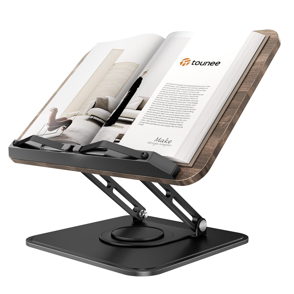 tounee Book Stand, 360° Rotating Reading Book Holder, Adjustable Cookbook Stand for Hands-Free Reading, Foldable Desktop Book Holder for All Books