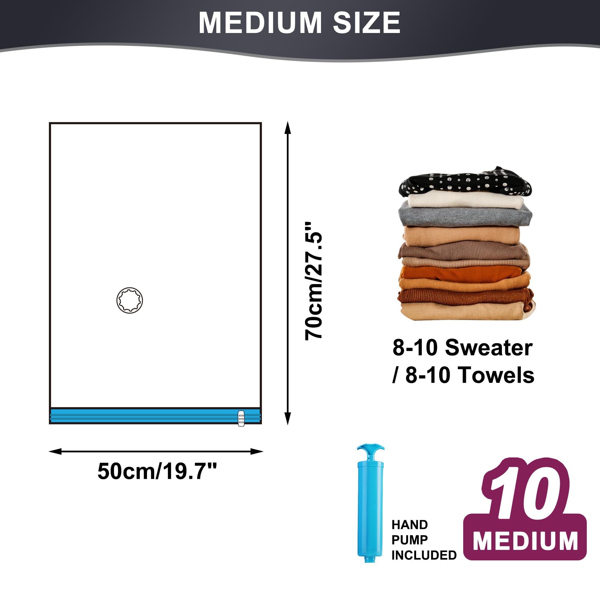 Oumaru Vacuum Storage Bags for Clothes, Vacuum Bags, Space Saver Bags for Clothes, Duvets and Pillows, Hand Pump Included, Pack of 10, Medium Size