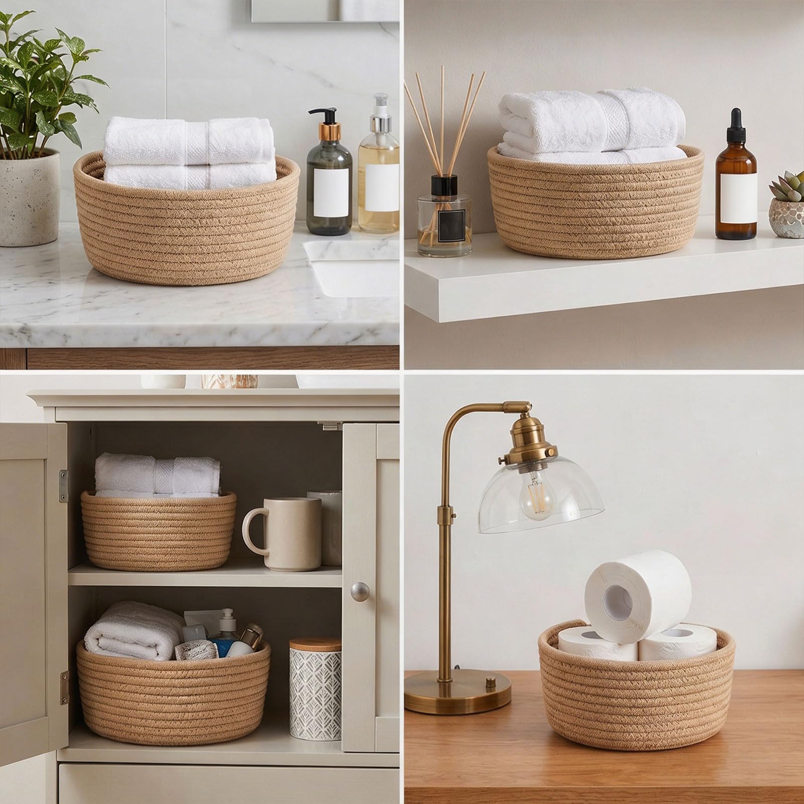 3 Pcs Small Woven Baskets, Cotton Rope Round Organizer for Shelves