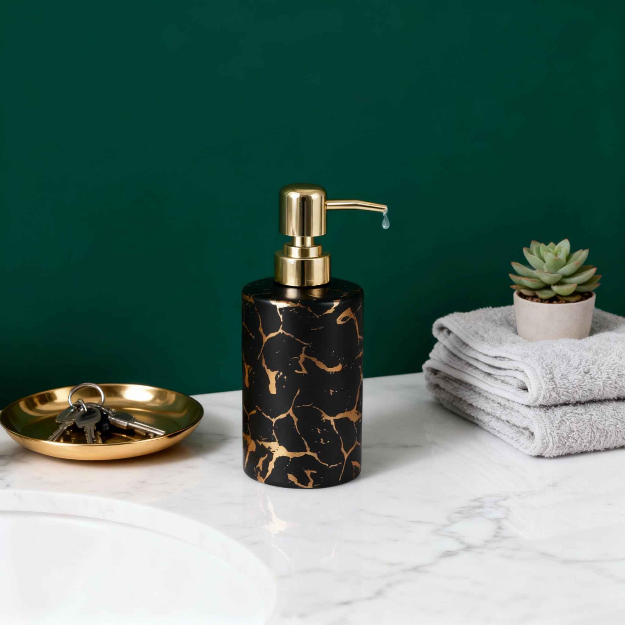 Gold Bathroom Soap Dispenser,Gold Pump Ceramic Soap Dispenser,Kitchen Marbling Empty Pump Bottle,Bath Countertop Storage Organizer Marble Bathroom