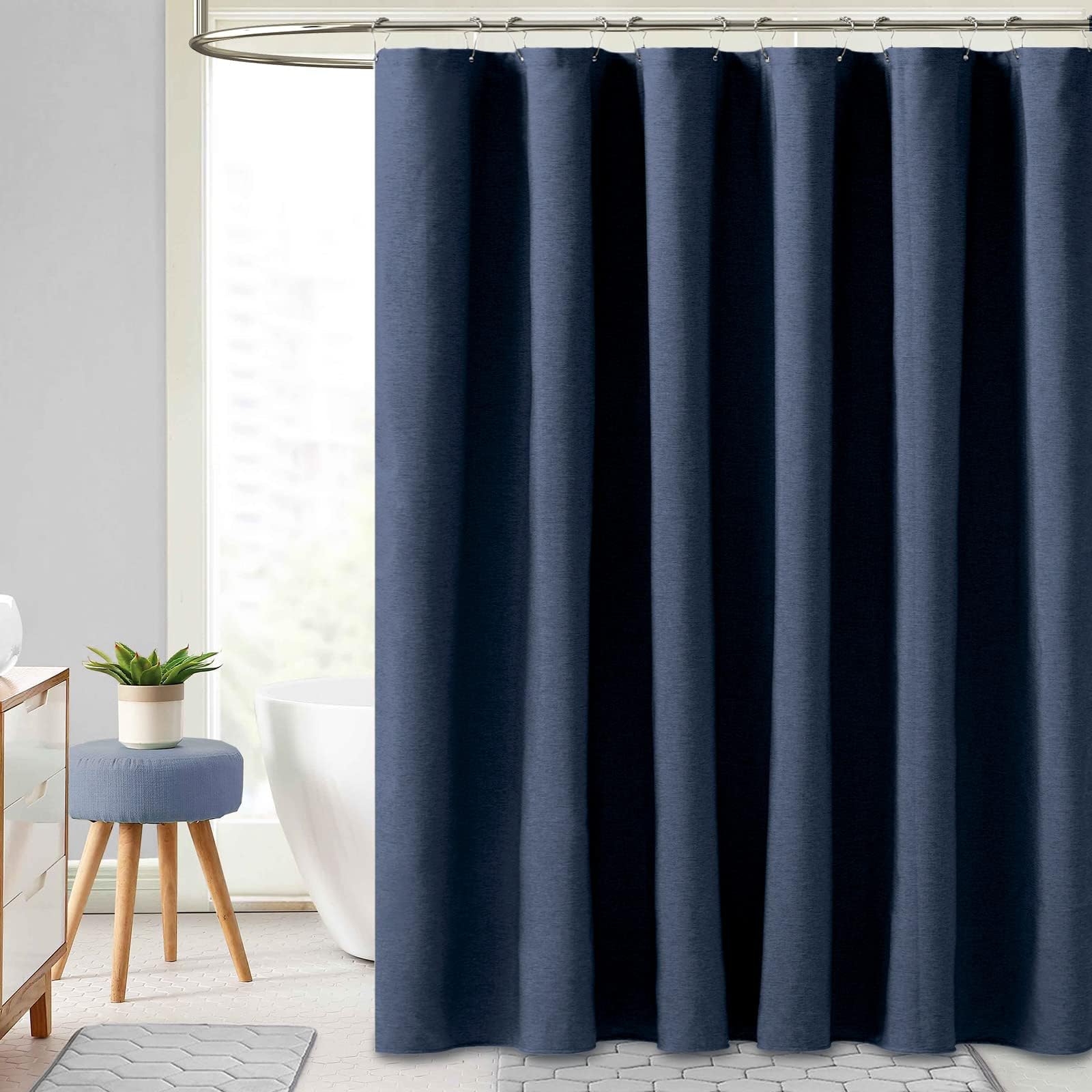 BTTN Extra Long Linen Look Weighted Shower Curtain, 182x244cm, Navy Blue