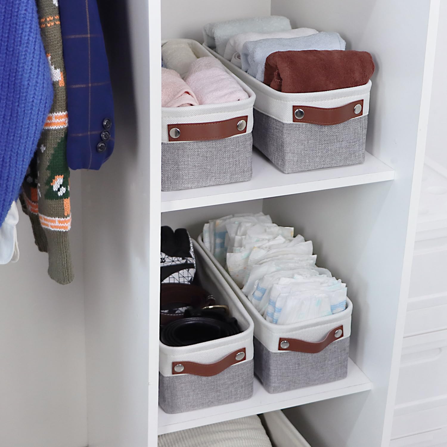 Univivi Small Storage Boxes, Fabric Storage Baske, White/Grey, 4 Pack